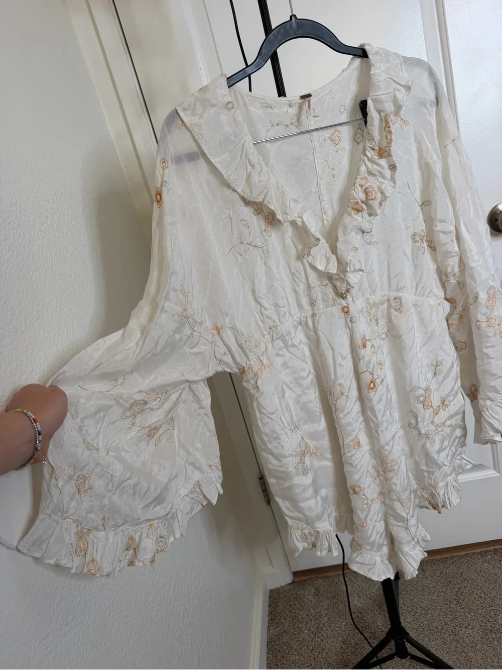 Free People White Ruffled Tie-Front Romper with Gold Accents